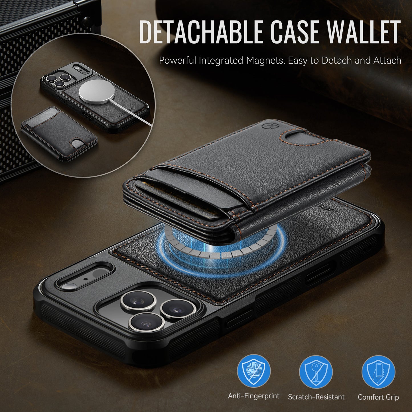 JEEHOOD J10 For iPhone 17 Pro Case with Detachable Card Holder Kickstand Compatible with MagSafe Leather Back Phone Cover