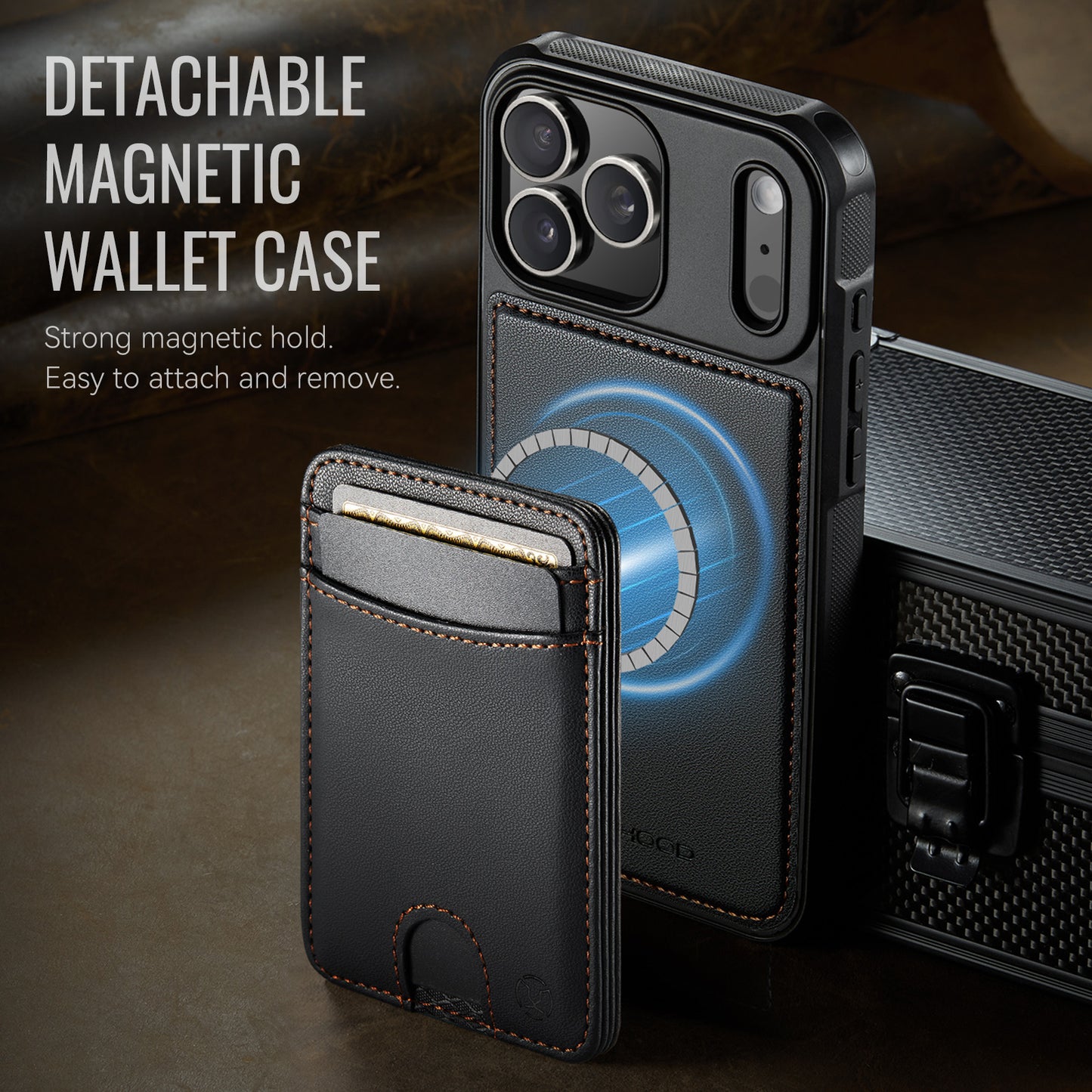 JEEHOOD J10 For iPhone 17 Pro Case with Detachable Card Holder Kickstand Compatible with MagSafe Leather Back Phone Cover