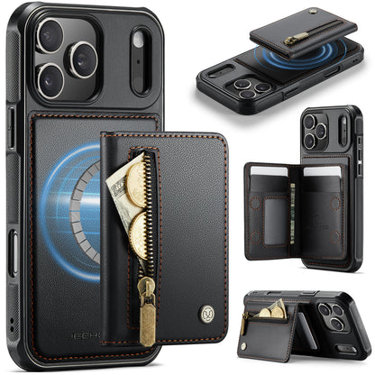 JEEHOOD For iPhone 17 Pro Max Case  J12 Magnetic  Detachable Zipper Wallet Kickstand Leather Back Cover Compatible with MagSafe