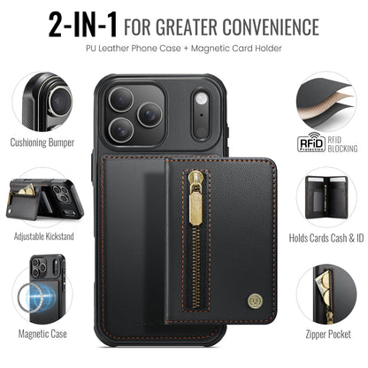 JEEHOOD For iPhone 17 Pro Max Case  J12 Magnetic  Detachable Zipper Wallet Kickstand Leather Back Cover Compatible with MagSafe