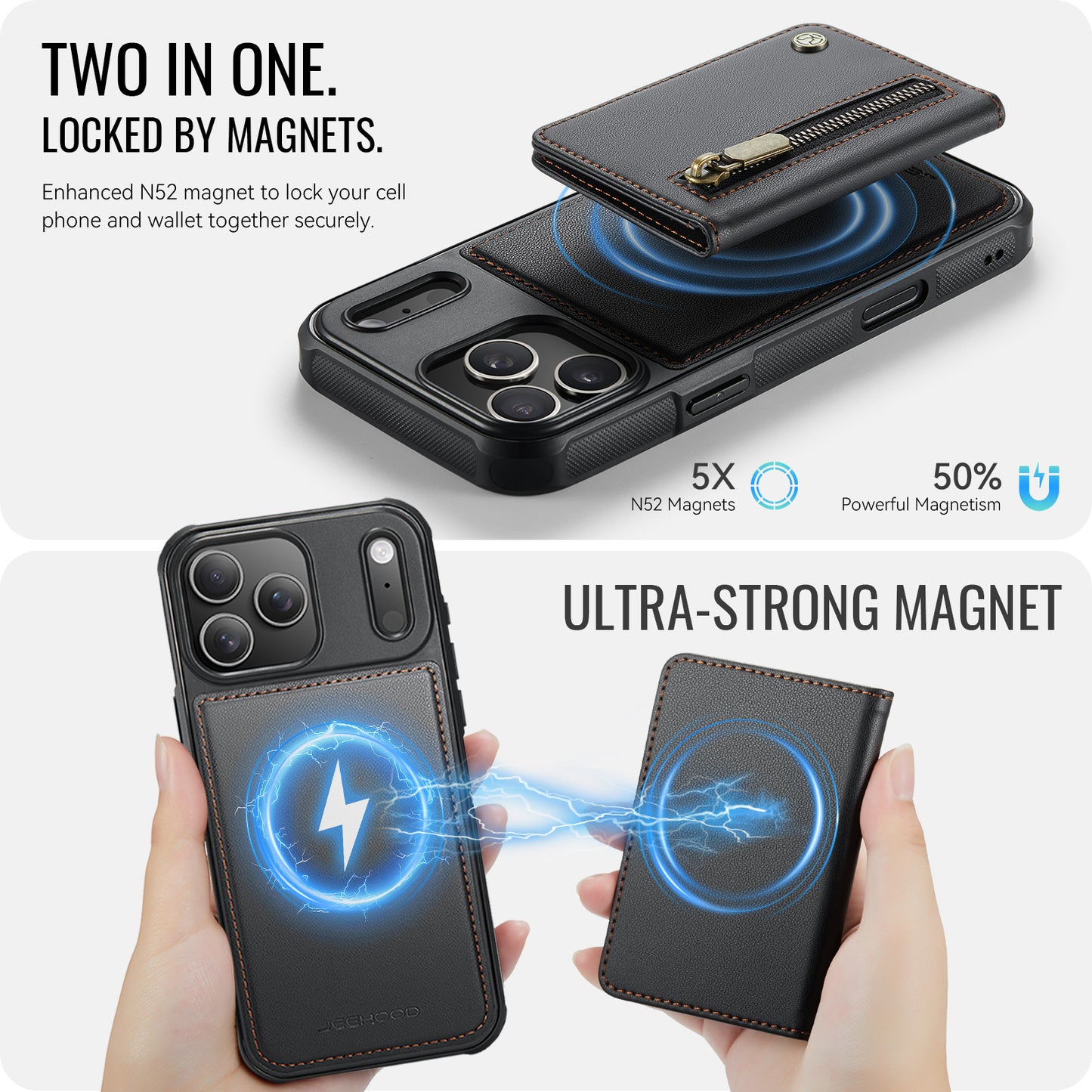 JEEHOOD For iPhone 17 Pro Max Case  J12 Magnetic  Detachable Zipper Wallet Kickstand Leather Back Cover Compatible with MagSafe