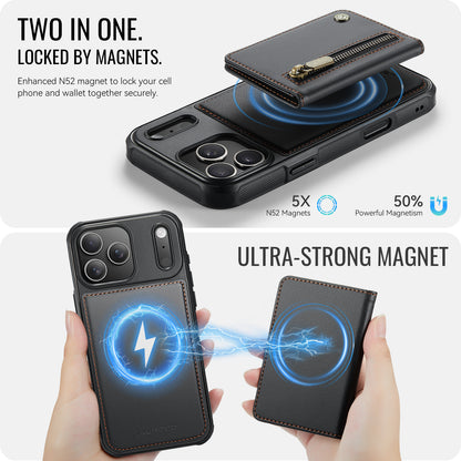 JEEHOOD For iPhone 17 Pro Max Case  J12 Magnetic  Detachable Zipper Wallet Kickstand Leather Back Cover Compatible with MagSafe
