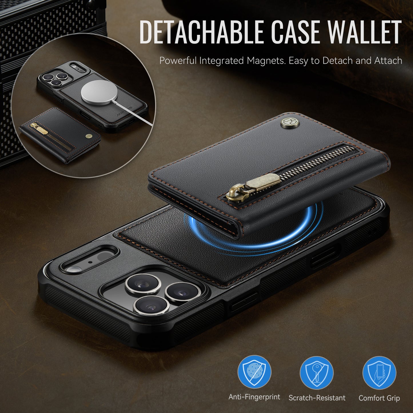 JEEHOOD For iPhone 17 Pro Max Case  J12 Magnetic  Detachable Zipper Wallet Kickstand Leather Back Cover Compatible with MagSafe