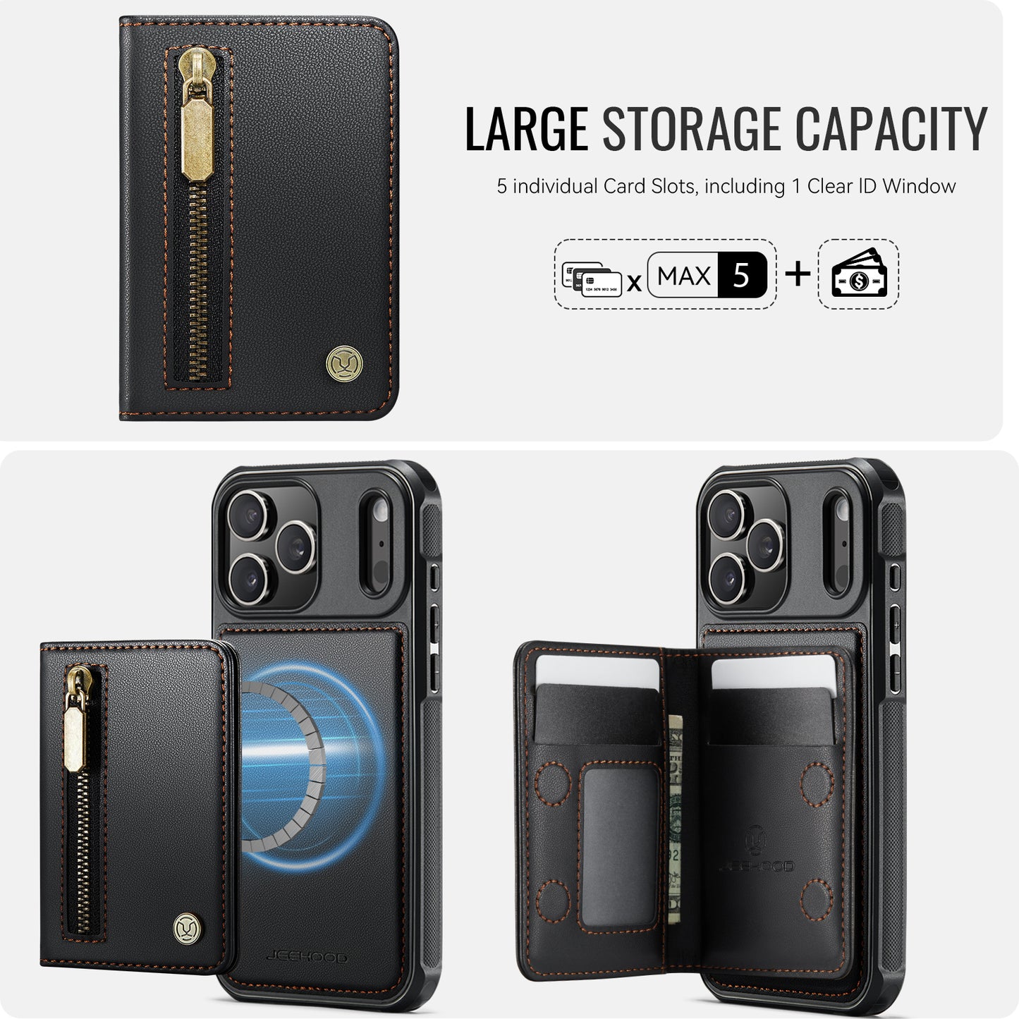 JEEHOOD For iPhone 17 Pro Max Case  J12 Magnetic  Detachable Zipper Wallet Kickstand Leather Back Cover Compatible with MagSafe