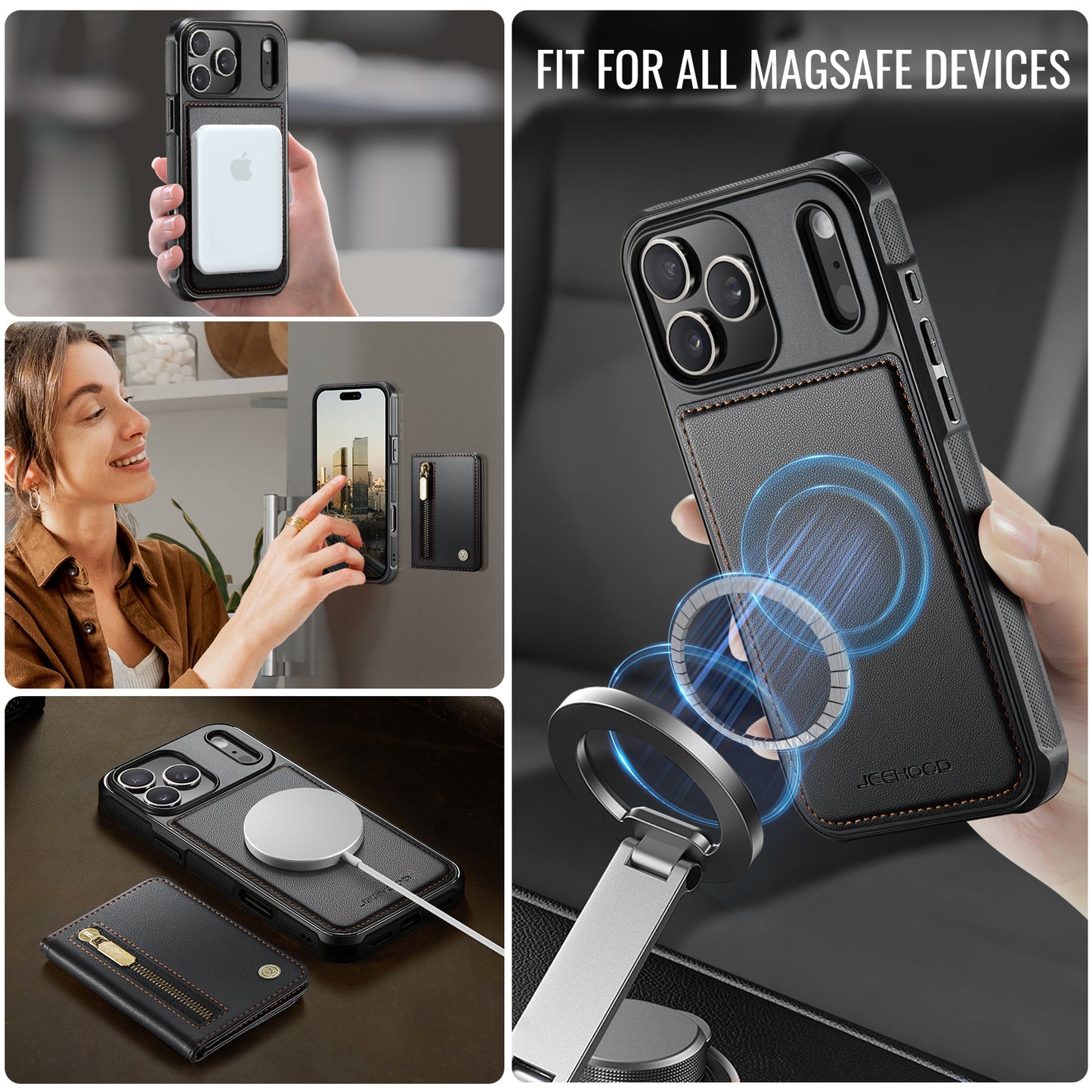 JEEHOOD For iPhone 17 Pro Max Case  J12 Magnetic  Detachable Zipper Wallet Kickstand Leather Back Cover Compatible with MagSafe