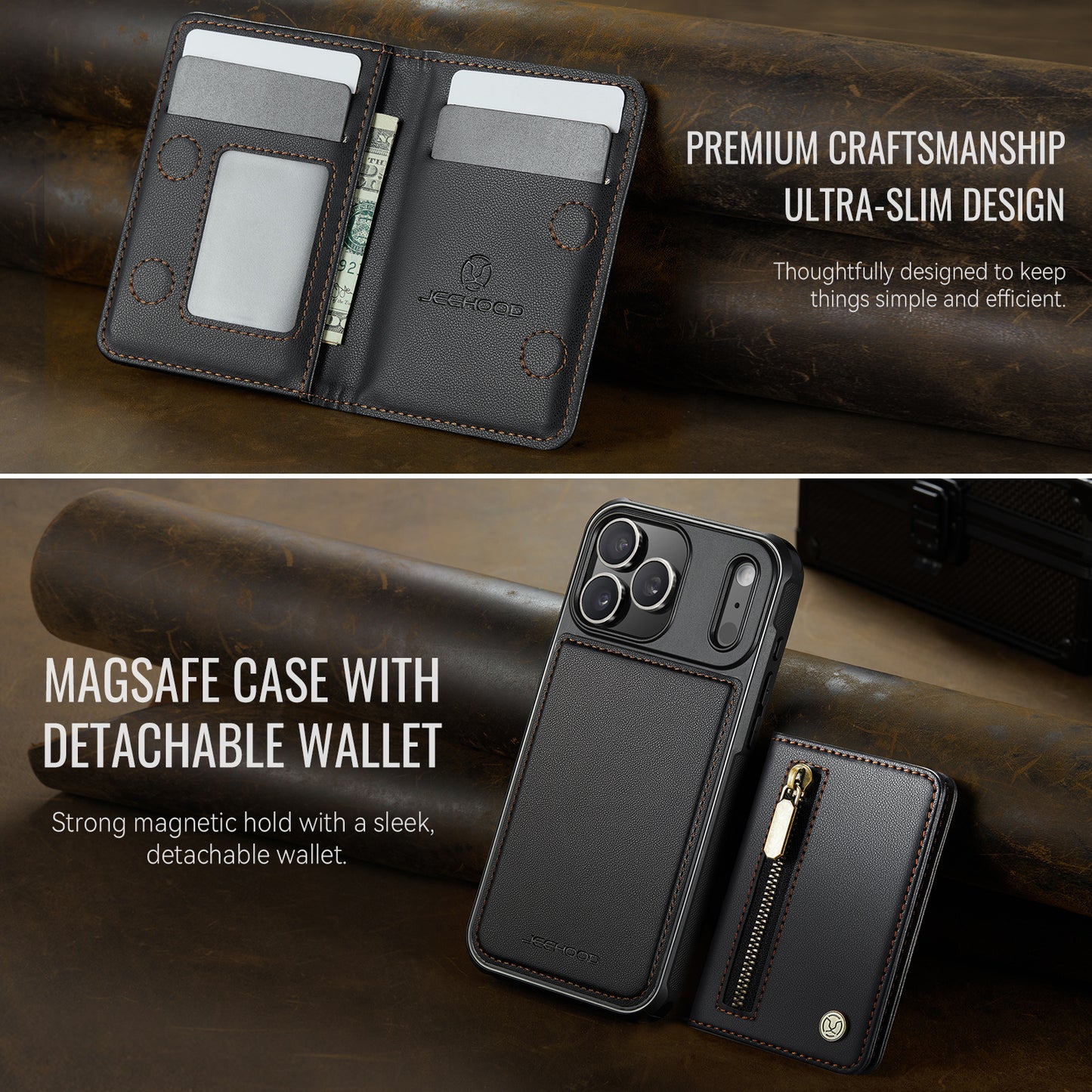JEEHOOD For iPhone 17 Pro Max Case  J12 Magnetic  Detachable Zipper Wallet Kickstand Leather Back Cover Compatible with MagSafe