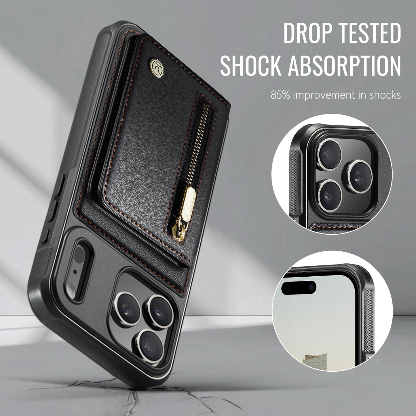JEEHOOD For iPhone 17 Pro Max Case  J12 Magnetic  Detachable Zipper Wallet Kickstand Leather Back Cover Compatible with MagSafe