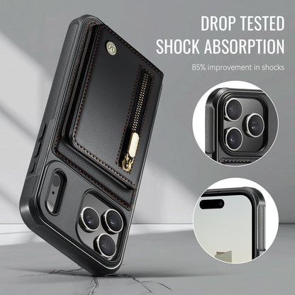 JEEHOOD For iPhone 17 Pro Max Case  J12 Magnetic  Detachable Zipper Wallet Kickstand Leather Back Cover Compatible with MagSafe