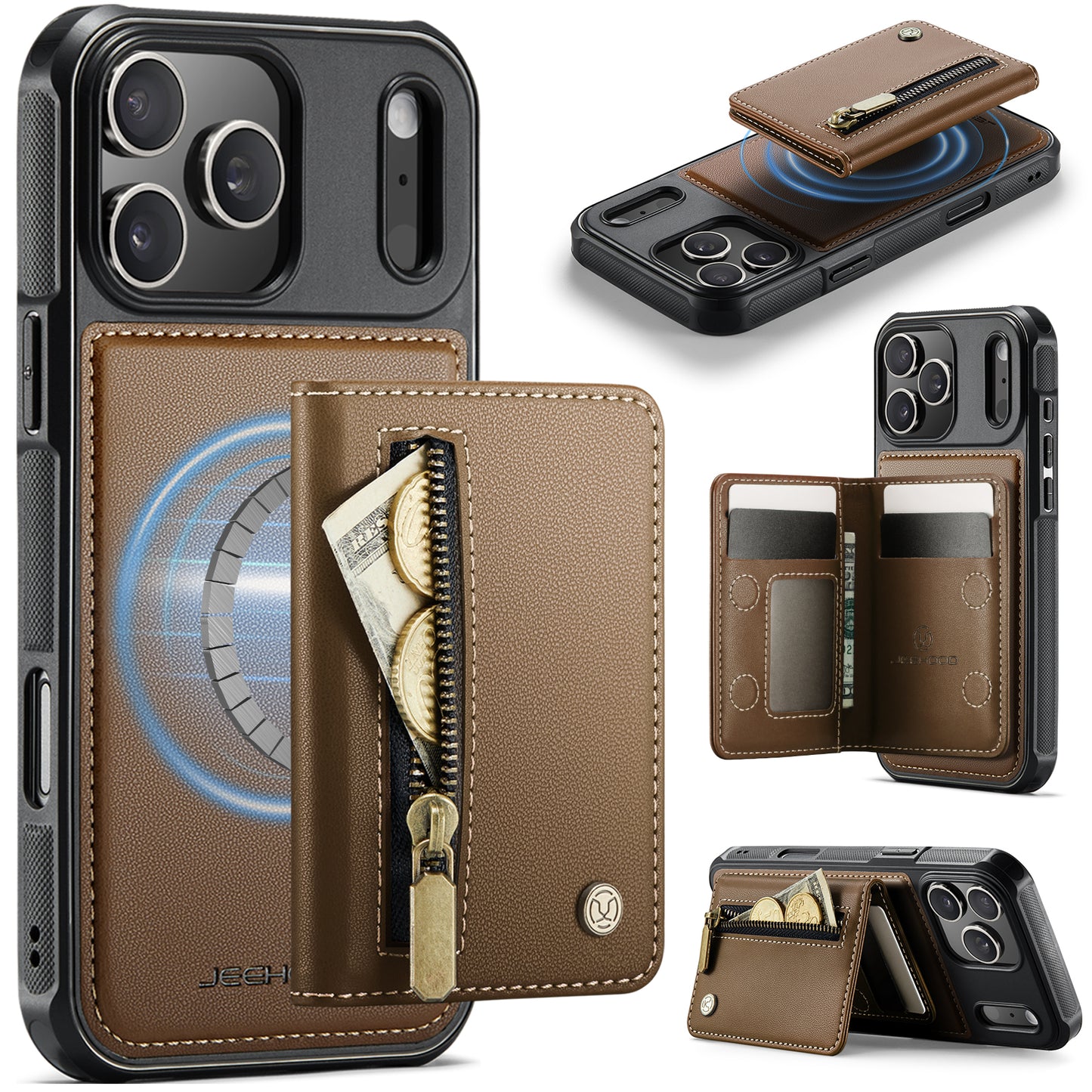 JEEHOOD For iPhone 17 Pro Max Case  J12 Magnetic  Detachable Zipper Wallet Kickstand Leather Back Cover Compatible with MagSafe