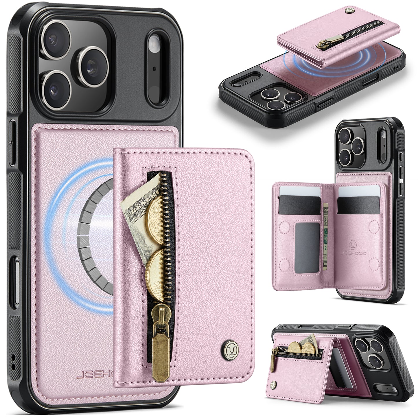 JEEHOOD For iPhone 17 Pro Max Case  J12 Magnetic  Detachable Zipper Wallet Kickstand Leather Back Cover Compatible with MagSafe