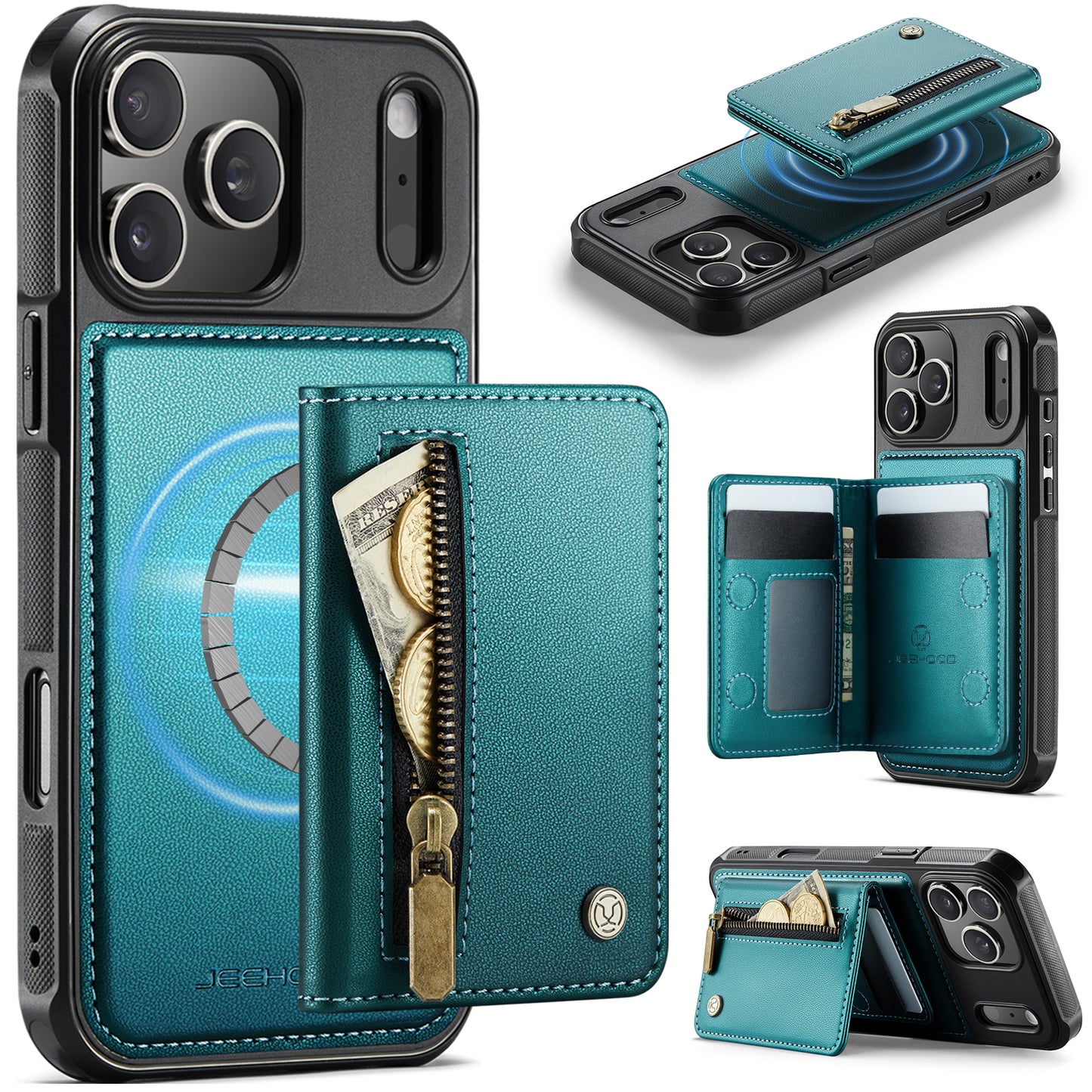 JEEHOOD For iPhone 17 Pro Max Case  J12 Magnetic  Detachable Zipper Wallet Kickstand Leather Back Cover Compatible with MagSafe