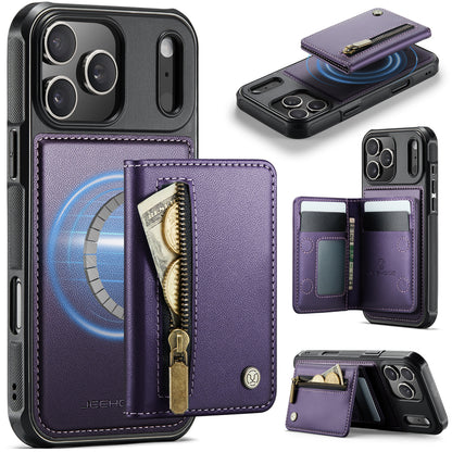 JEEHOOD For iPhone 17 Pro Max Case  J12 Magnetic  Detachable Zipper Wallet Kickstand Leather Back Cover Compatible with MagSafe