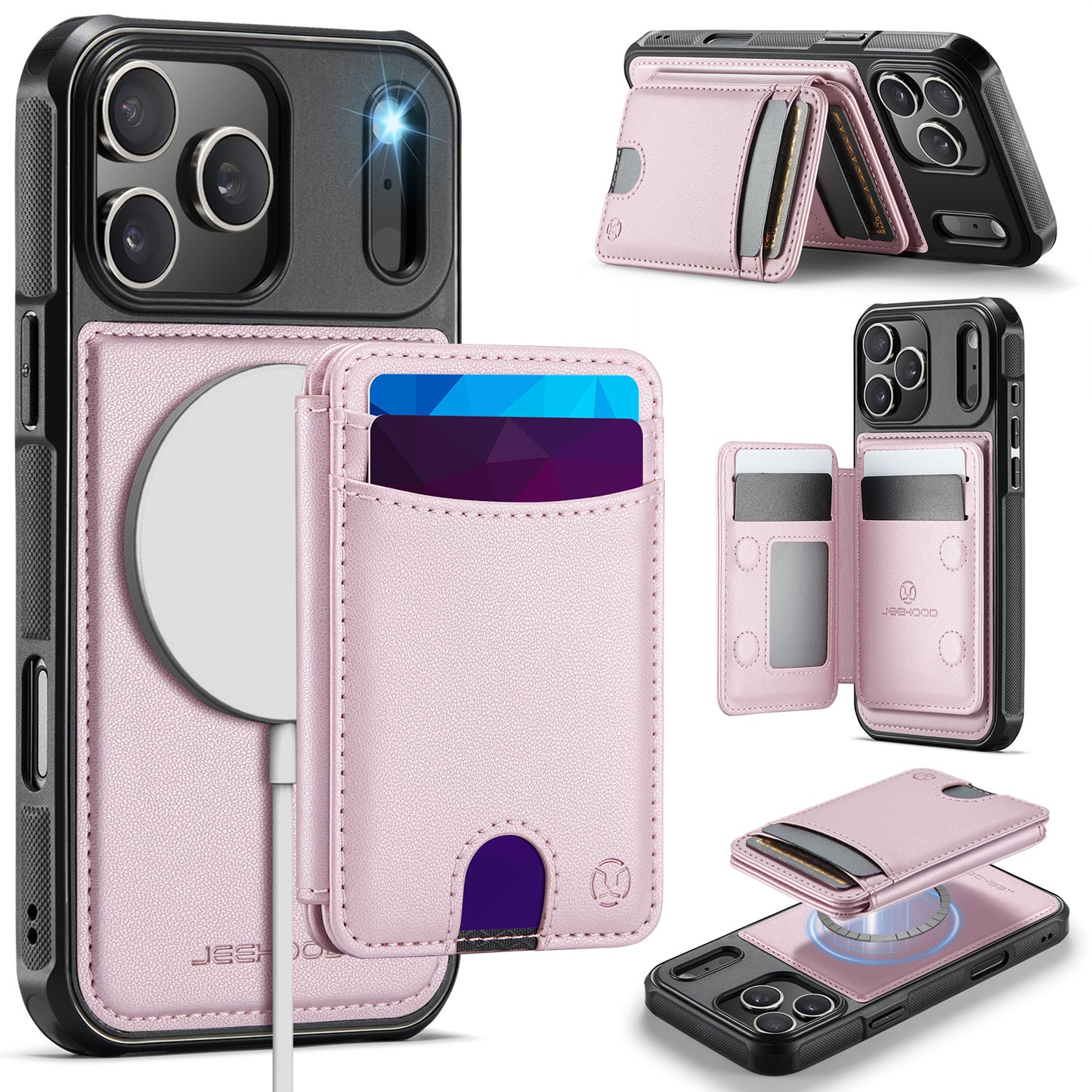 JEEHOOD J10 For iPhone 17 Pro Max Case with Detachable Card Holder Kickstand Compatible with MagSafe Leather Back Phone Cover