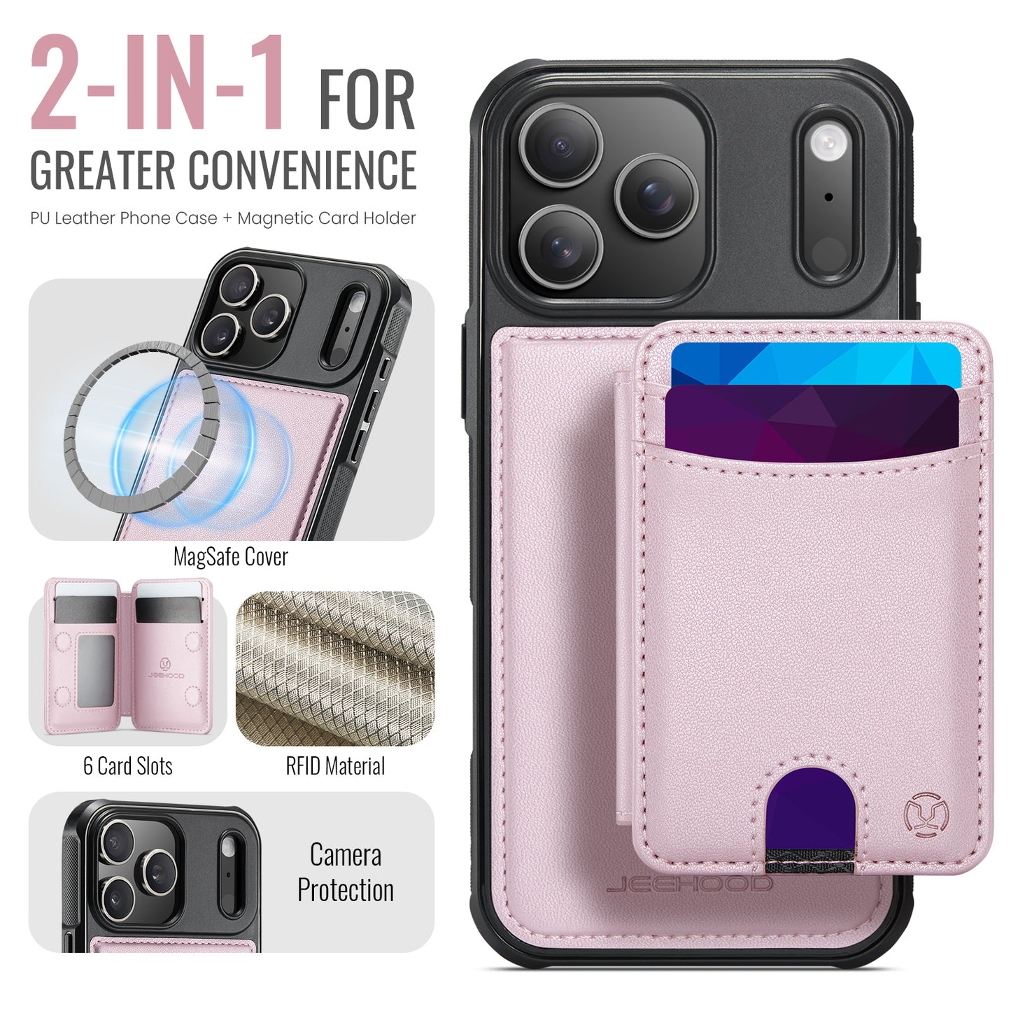 JEEHOOD J10 For iPhone 17 Pro Max Case with Detachable Card Holder Kickstand Compatible with MagSafe Leather Back Phone Cover