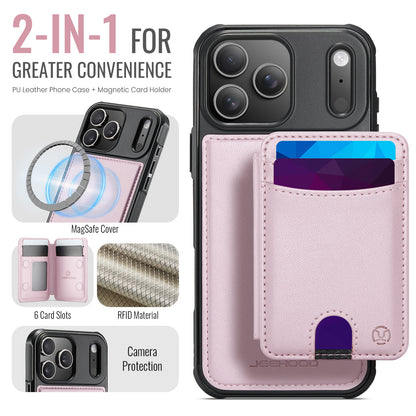 JEEHOOD J10 For iPhone 17 Pro Max Case with Detachable Card Holder Kickstand Compatible with MagSafe Leather Back Phone Cover
