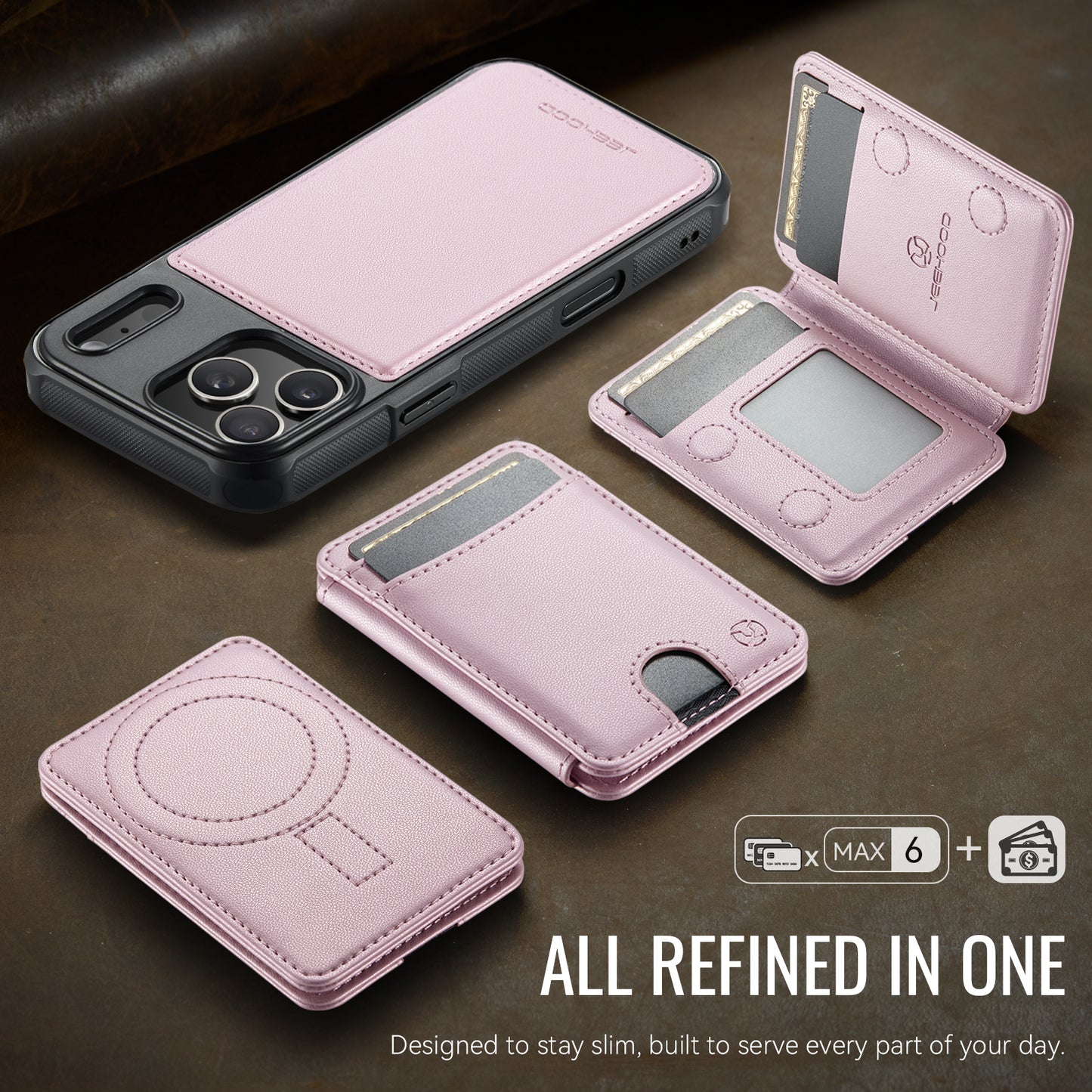 JEEHOOD J10 For iPhone 17 Pro Max Case with Detachable Card Holder Kickstand Compatible with MagSafe Leather Back Phone Cover