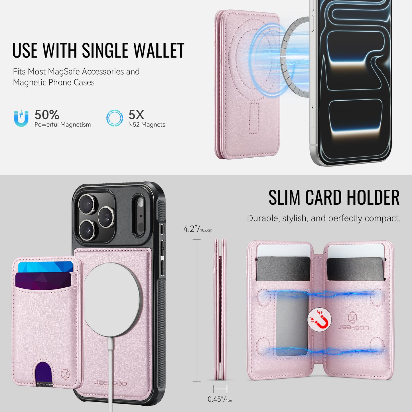 JEEHOOD J10 For iPhone 17 Pro Max Case with Detachable Card Holder Kickstand Compatible with MagSafe Leather Back Phone Cover