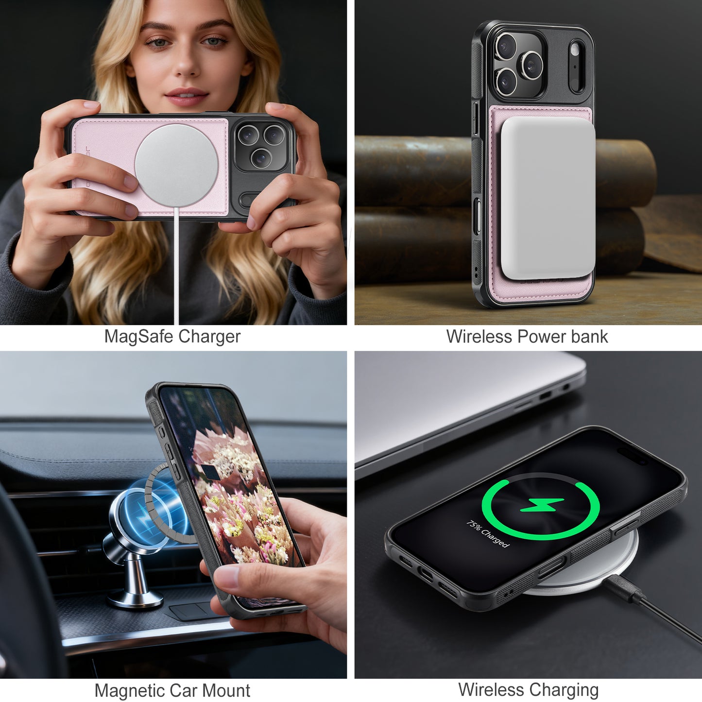 JEEHOOD J10 For iPhone 17 Pro Max Case with Detachable Card Holder Kickstand Compatible with MagSafe Leather Back Phone Cover