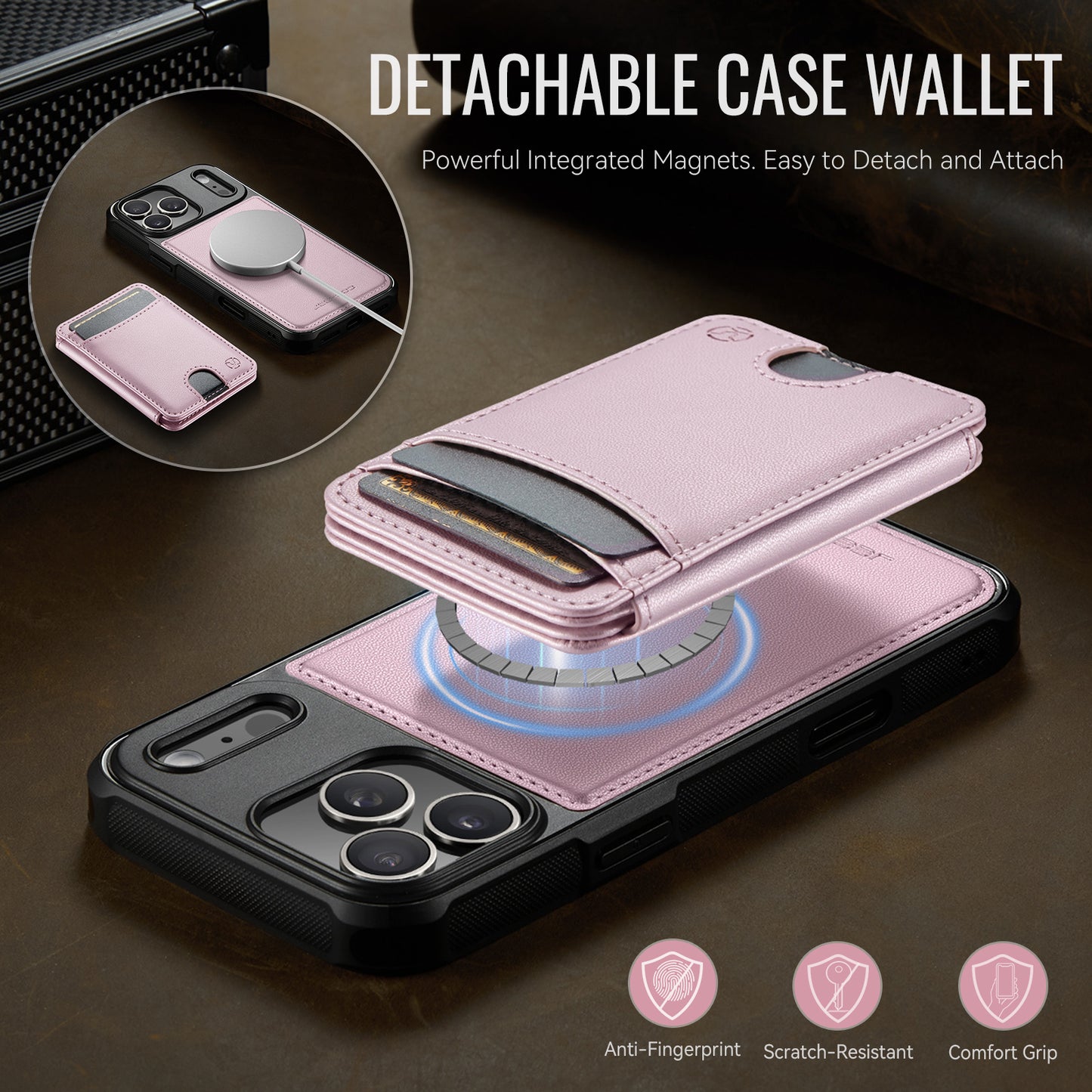 JEEHOOD J10 For iPhone 17 Pro Max Case with Detachable Card Holder Kickstand Compatible with MagSafe Leather Back Phone Cover