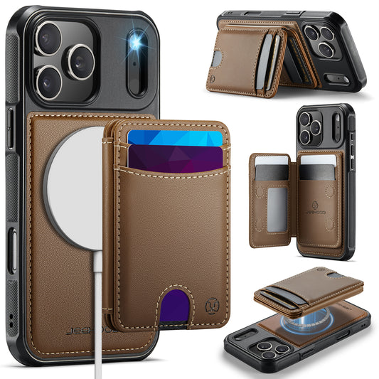 JEEHOOD J10 For iPhone 17 Pro Max Case with Detachable Card Holder Kickstand Compatible with MagSafe Leather Back Phone Cover