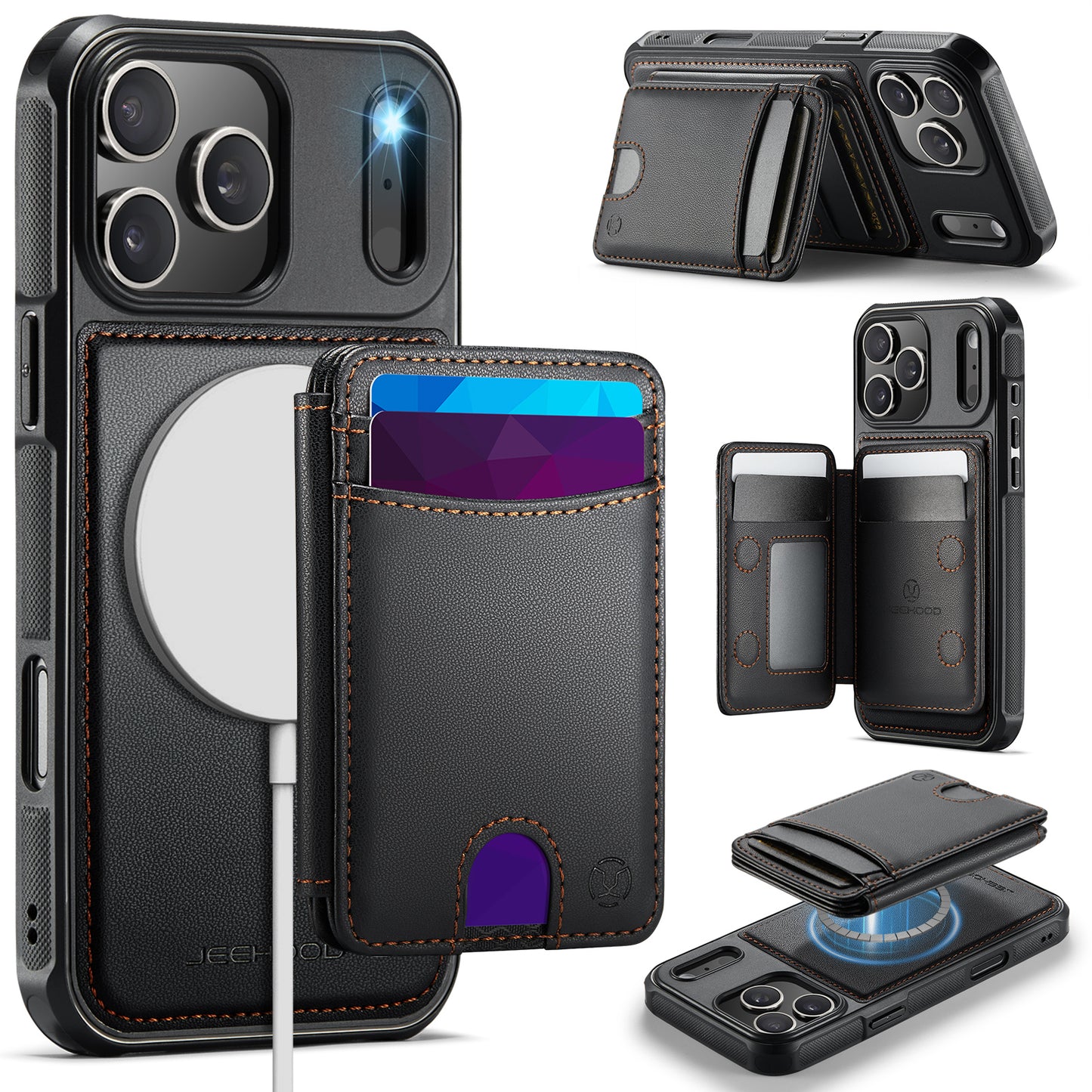 JEEHOOD J10 For iPhone 17 Pro Max Case with Detachable Card Holder Kickstand Compatible with MagSafe Leather Back Phone Cover