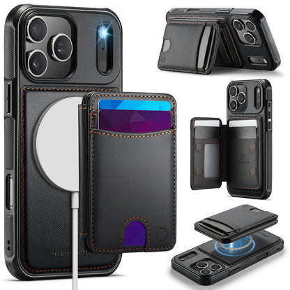 JEEHOOD J10 For iPhone 17 Pro Max Case with Detachable Card Holder Kickstand Compatible with MagSafe Leather Back Phone Cover