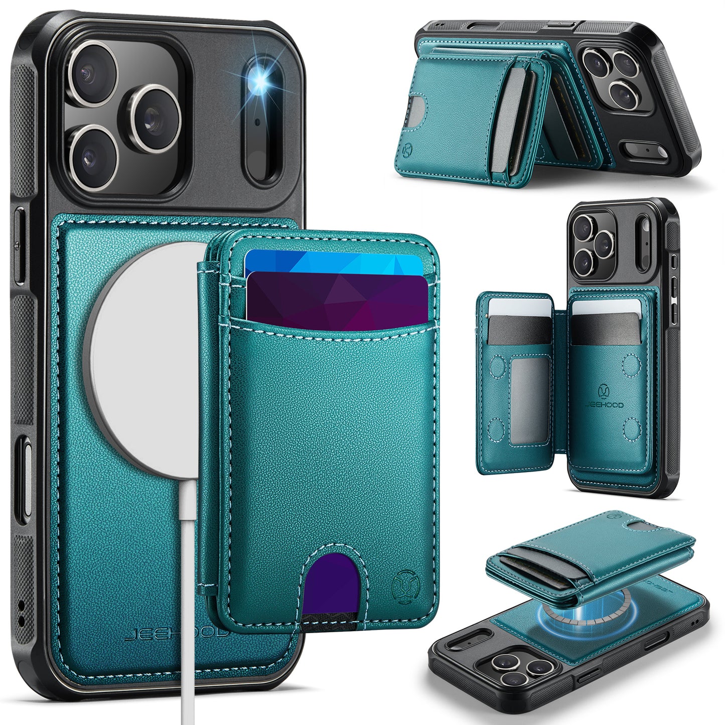 JEEHOOD J10 For iPhone 17 Pro Max Case with Detachable Card Holder Kickstand Compatible with MagSafe Leather Back Phone Cover