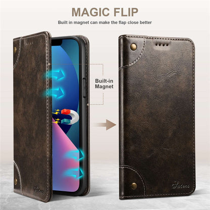 SUTENI For iPhone 14 Plus Anti-scratch Phone Stand Case PU Leather + TPU Wallet Magnetic Auto-absorbed Phone Cover