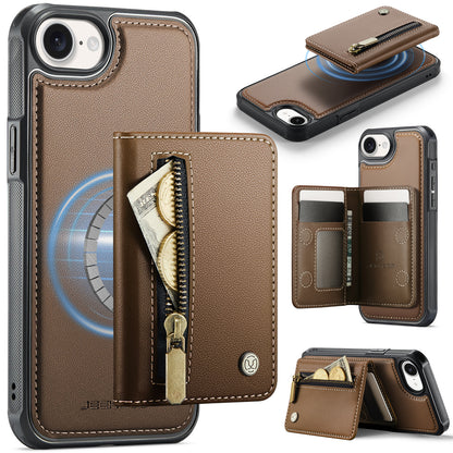 JEEHOOD For iPhone 17e / 16e Case  J12 Magnetic  Detachable Zipper Wallet Kickstand Leather Back Cover Compatible with MagSafe