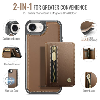 JEEHOOD For iPhone 17e / 16e Case  J12 Magnetic  Detachable Zipper Wallet Kickstand Leather Back Cover Compatible with MagSafe