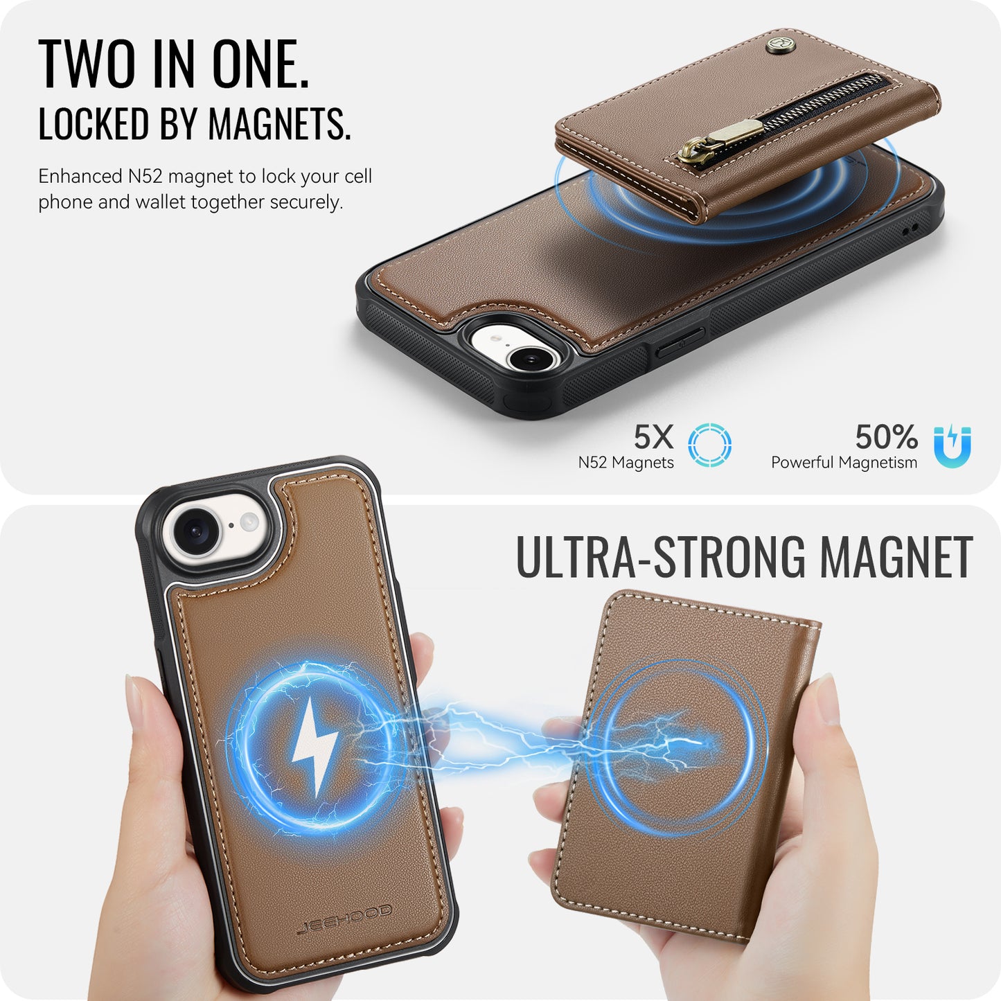 JEEHOOD For iPhone 17e / 16e Case  J12 Magnetic  Detachable Zipper Wallet Kickstand Leather Back Cover Compatible with MagSafe