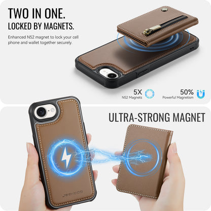 JEEHOOD For iPhone 17e / 16e Case  J12 Magnetic  Detachable Zipper Wallet Kickstand Leather Back Cover Compatible with MagSafe