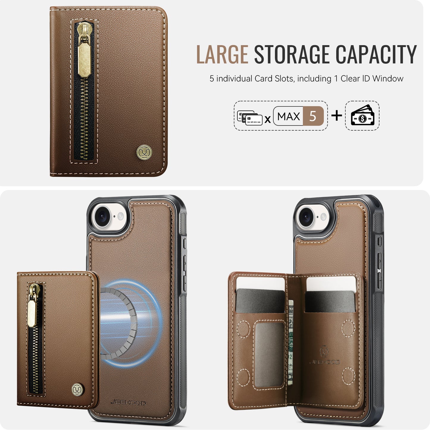 JEEHOOD For iPhone 17e / 16e Case  J12 Magnetic  Detachable Zipper Wallet Kickstand Leather Back Cover Compatible with MagSafe