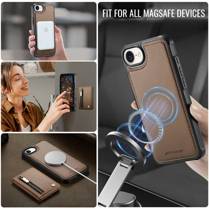 JEEHOOD For iPhone 17e / 16e Case  J12 Magnetic  Detachable Zipper Wallet Kickstand Leather Back Cover Compatible with MagSafe