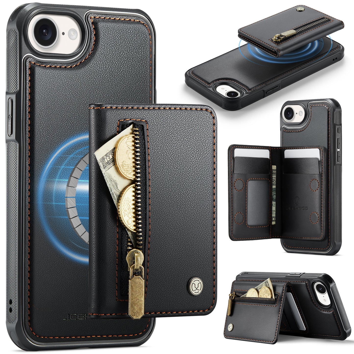JEEHOOD For iPhone 17e / 16e Case  J12 Magnetic  Detachable Zipper Wallet Kickstand Leather Back Cover Compatible with MagSafe