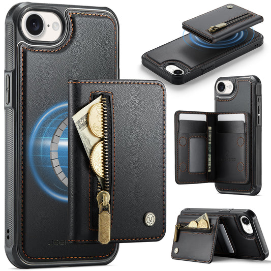 JEEHOOD For iPhone 17e / 16e Case  J12 Magnetic  Detachable Zipper Wallet Kickstand Leather Back Cover Compatible with MagSafe