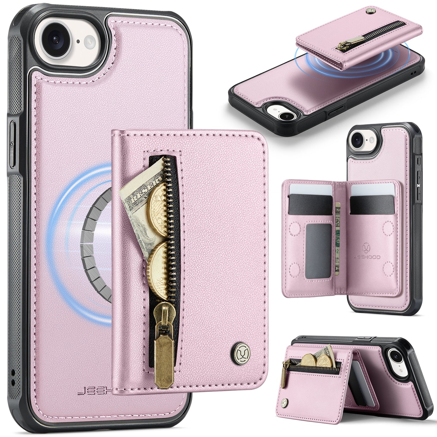 JEEHOOD For iPhone 17e / 16e Case  J12 Magnetic  Detachable Zipper Wallet Kickstand Leather Back Cover Compatible with MagSafe