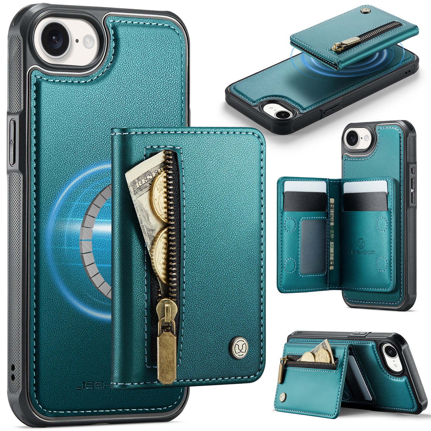JEEHOOD For iPhone 17e / 16e Case  J12 Magnetic  Detachable Zipper Wallet Kickstand Leather Back Cover Compatible with MagSafe