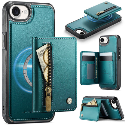 JEEHOOD For iPhone 17e / 16e Case  J12 Magnetic  Detachable Zipper Wallet Kickstand Leather Back Cover Compatible with MagSafe