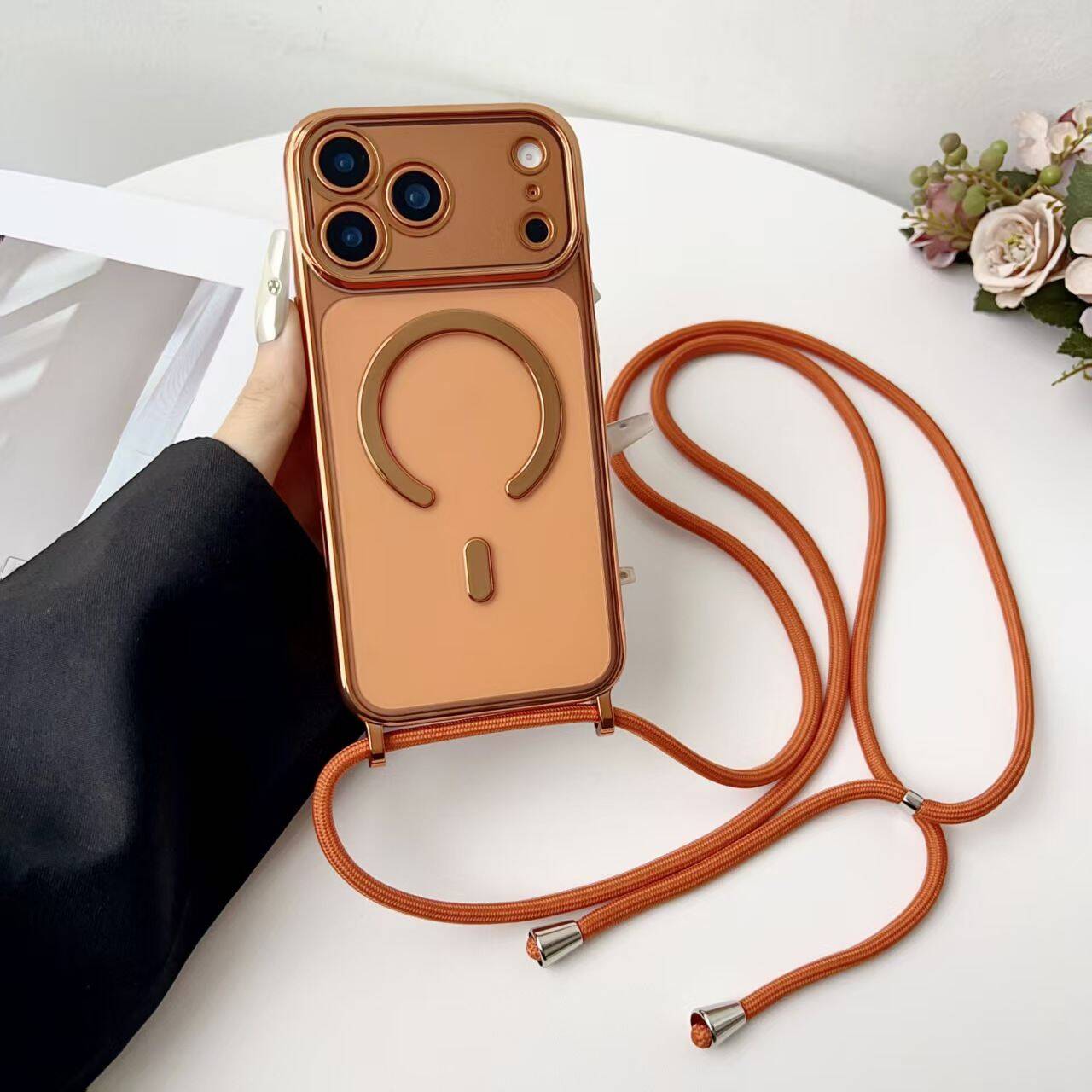 For iPhone 17 Pro Max Case Compatible with MagSafe Electroplating Edge TPU Phone Cover with Shoulder Strap
