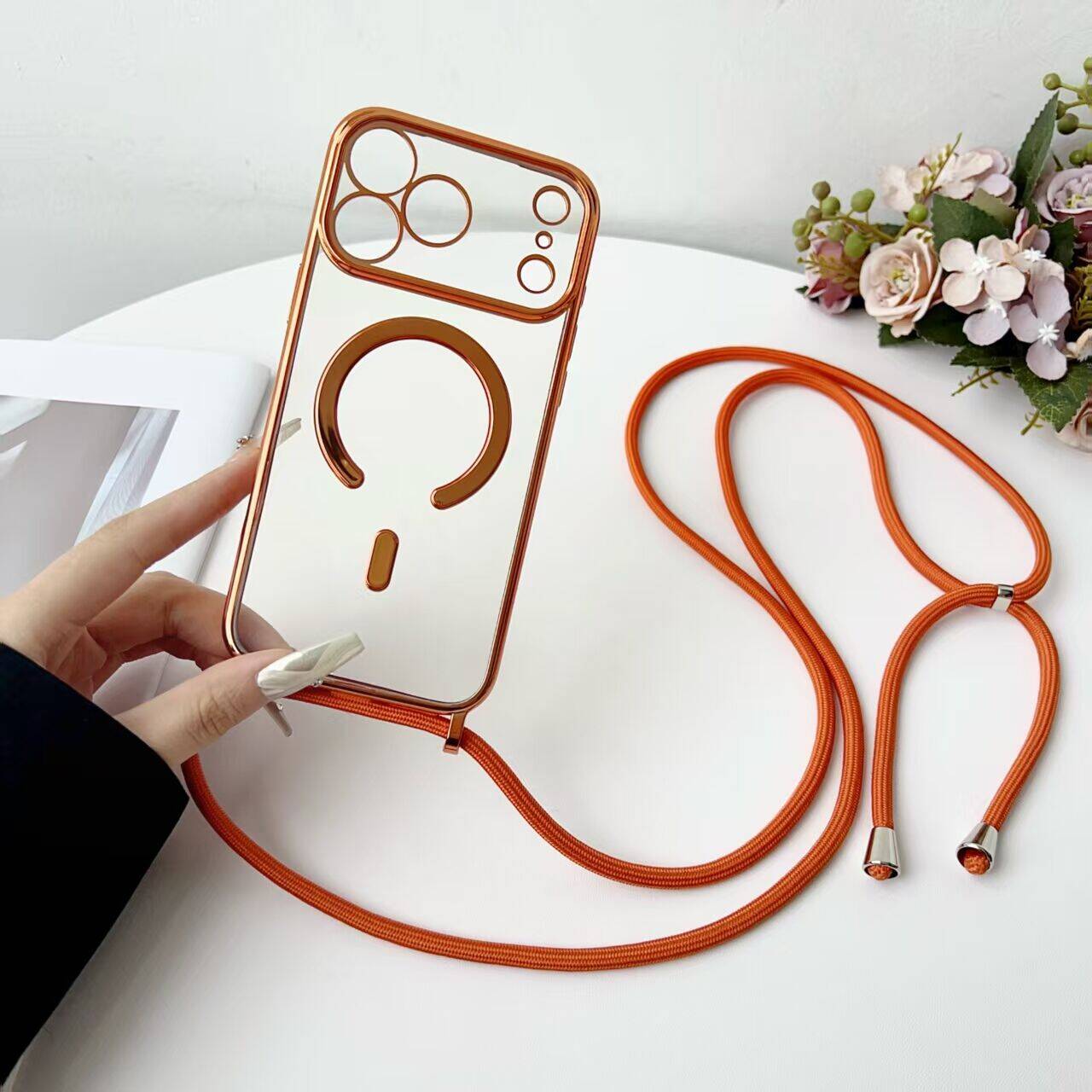 For iPhone 17 Pro Max Case Compatible with MagSafe Electroplating Edge TPU Phone Cover with Shoulder Strap