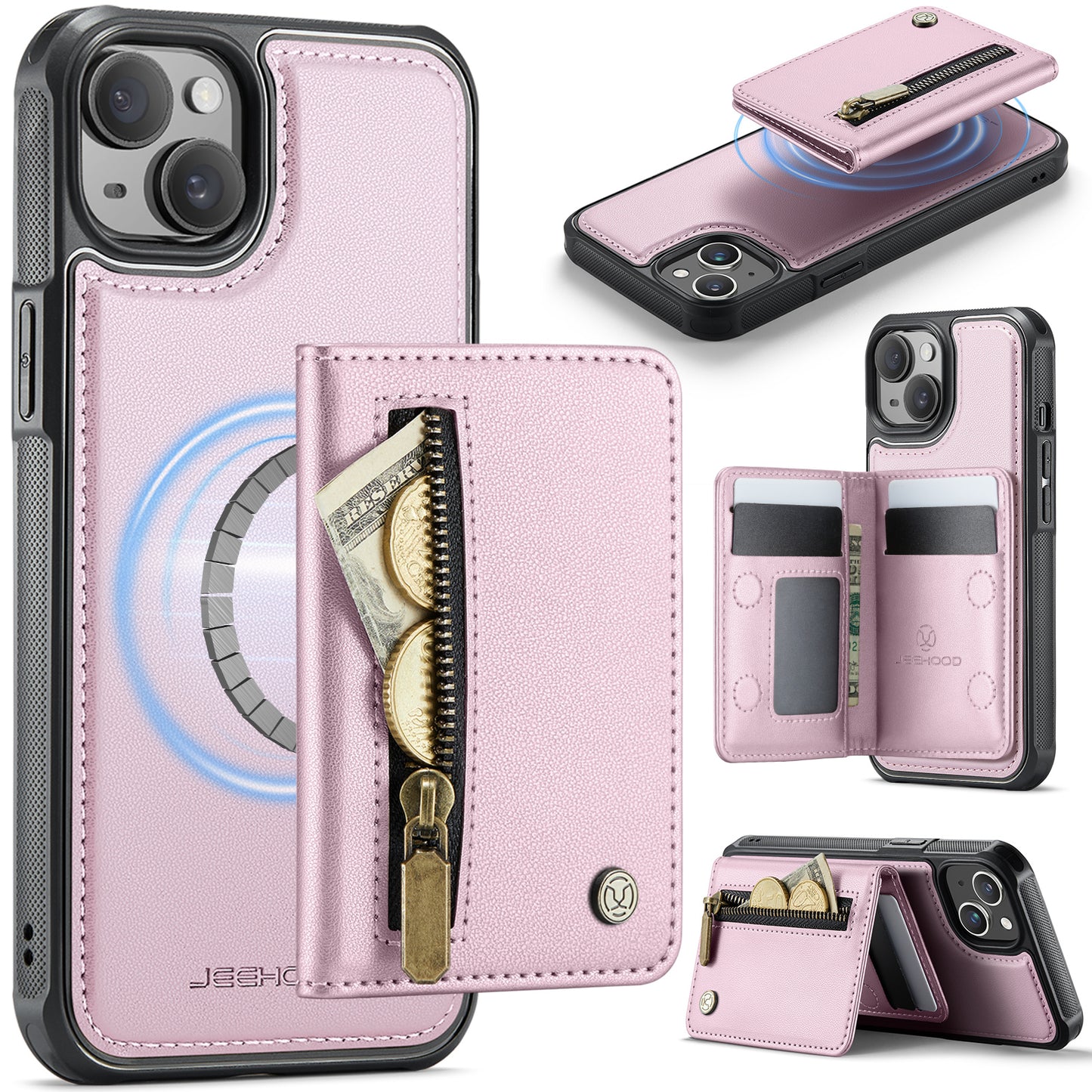 JEEHOOD For iPhone 15 Plus / iPhone 14 Plus Case  J12 Magnetic  Detachable Zipper Wallet Kickstand Leather Back Cover Compatible with MagSafe