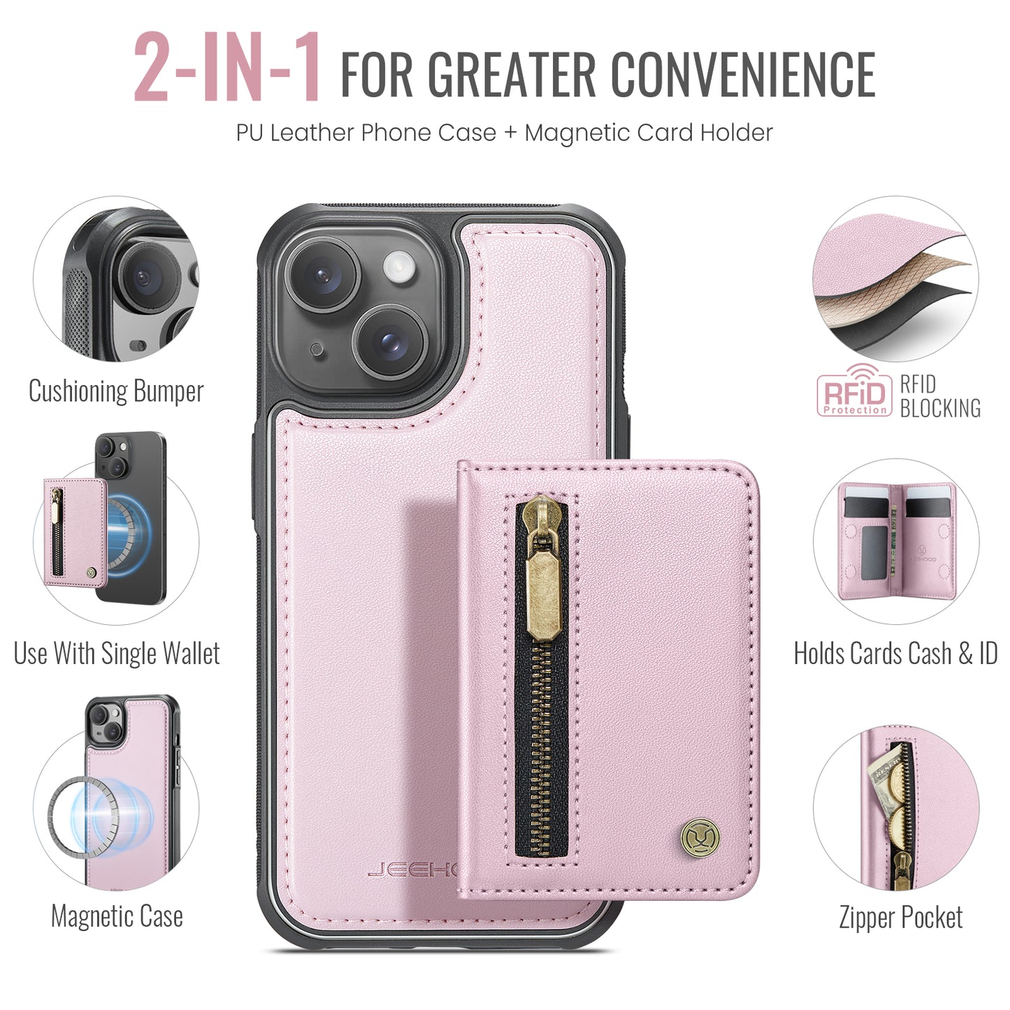 JEEHOOD For iPhone 15 Plus / iPhone 14 Plus Case  J12 Magnetic  Detachable Zipper Wallet Kickstand Leather Back Cover Compatible with MagSafe