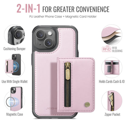 JEEHOOD For iPhone 15 Plus / iPhone 14 Plus Case  J12 Magnetic  Detachable Zipper Wallet Kickstand Leather Back Cover Compatible with MagSafe