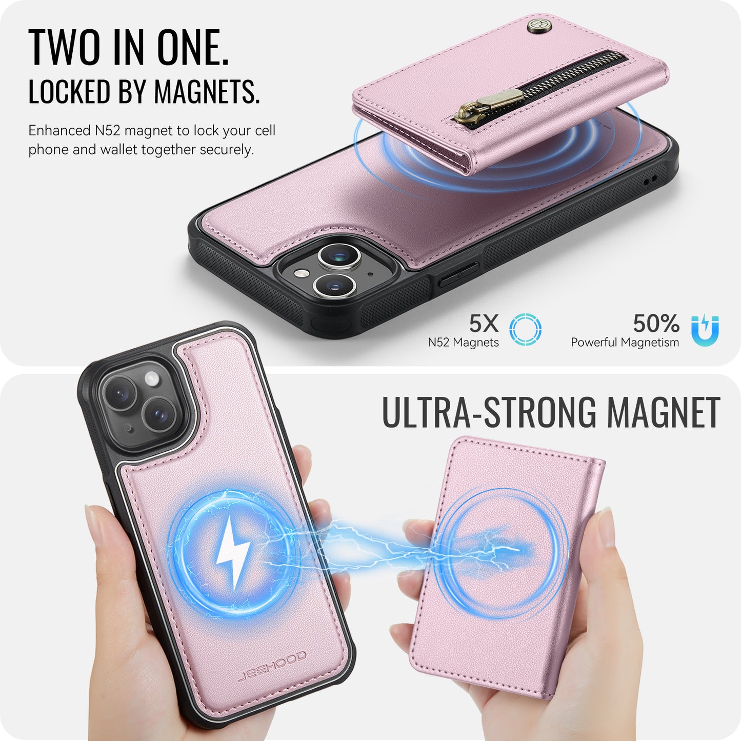 JEEHOOD For iPhone 15 Plus / iPhone 14 Plus Case  J12 Magnetic  Detachable Zipper Wallet Kickstand Leather Back Cover Compatible with MagSafe