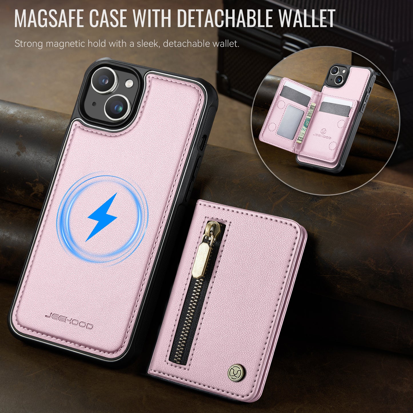 JEEHOOD For iPhone 15 Plus / iPhone 14 Plus Case  J12 Magnetic  Detachable Zipper Wallet Kickstand Leather Back Cover Compatible with MagSafe