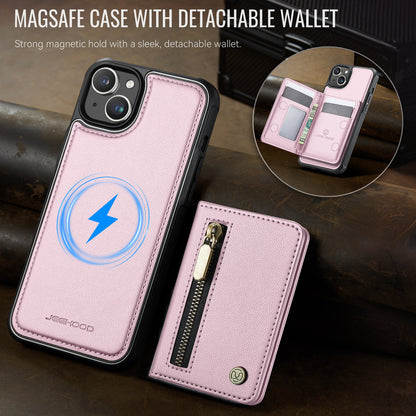 JEEHOOD For iPhone 15 Plus / iPhone 14 Plus Case  J12 Magnetic  Detachable Zipper Wallet Kickstand Leather Back Cover Compatible with MagSafe