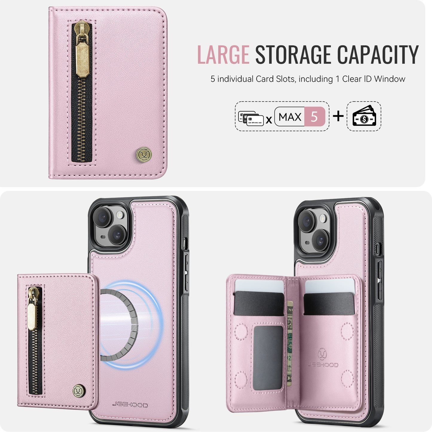 JEEHOOD For iPhone 15 Plus / iPhone 14 Plus Case  J12 Magnetic  Detachable Zipper Wallet Kickstand Leather Back Cover Compatible with MagSafe