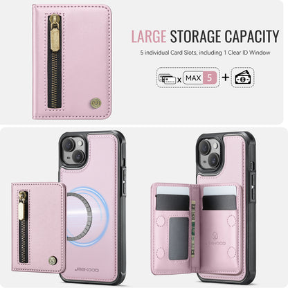 JEEHOOD For iPhone 15 Plus / iPhone 14 Plus Case  J12 Magnetic  Detachable Zipper Wallet Kickstand Leather Back Cover Compatible with MagSafe