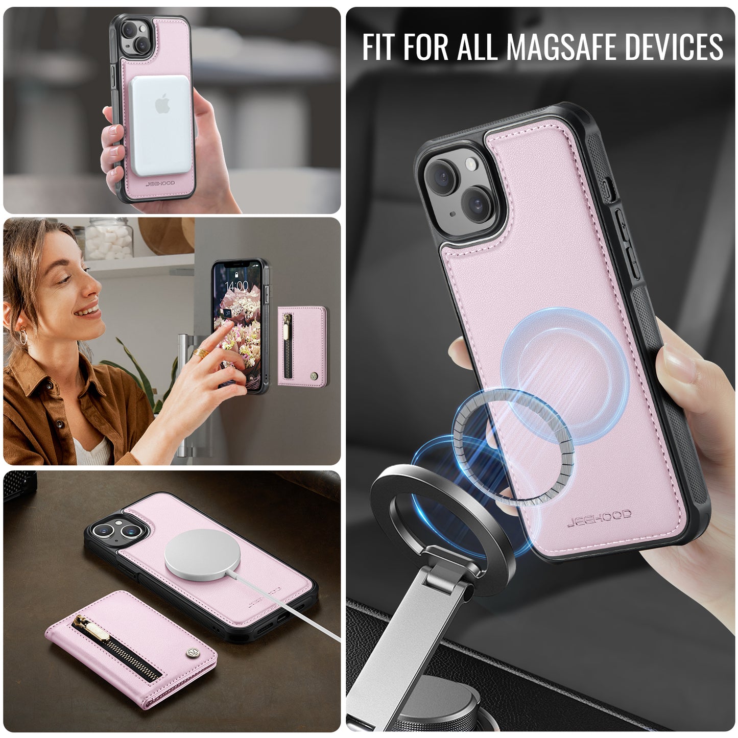 JEEHOOD For iPhone 15 Plus / iPhone 14 Plus Case  J12 Magnetic  Detachable Zipper Wallet Kickstand Leather Back Cover Compatible with MagSafe